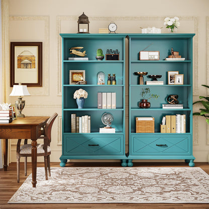 Tribesigns 6-Shelf Bookcase Set of 2, 71 Inch Tall Floor Standing Bookshelf with Drawer and Solid Wood Legs, 6-Tier Large Display Storage Book Shelf for Home Office, Ocean Blue
