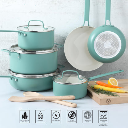 Martha Stewart Emmeline Premium Nonstick PFA Free Ceramic Interior 12 Piece Heavy Gauge Enamel Aluminum Pots and Pans Cookware Set - Teal