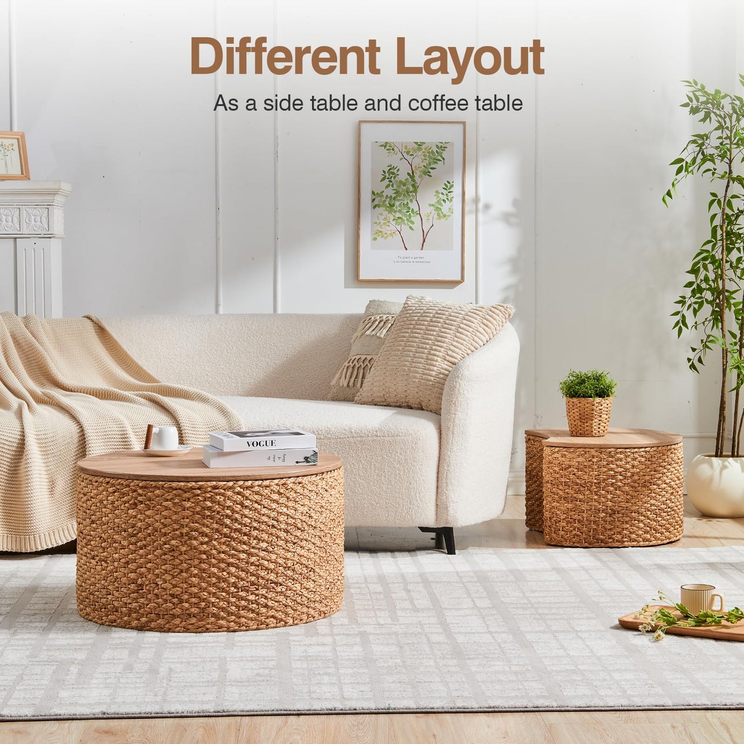 Giofanzo Round Nesting Coffee Table Set of 2 with Storage - Handwoven Wicker Rattan Ottoman Style, Boho Coastal Coffee Tables for Living Room, Rattan Coffee Table with Cover & Soild Wood Frame