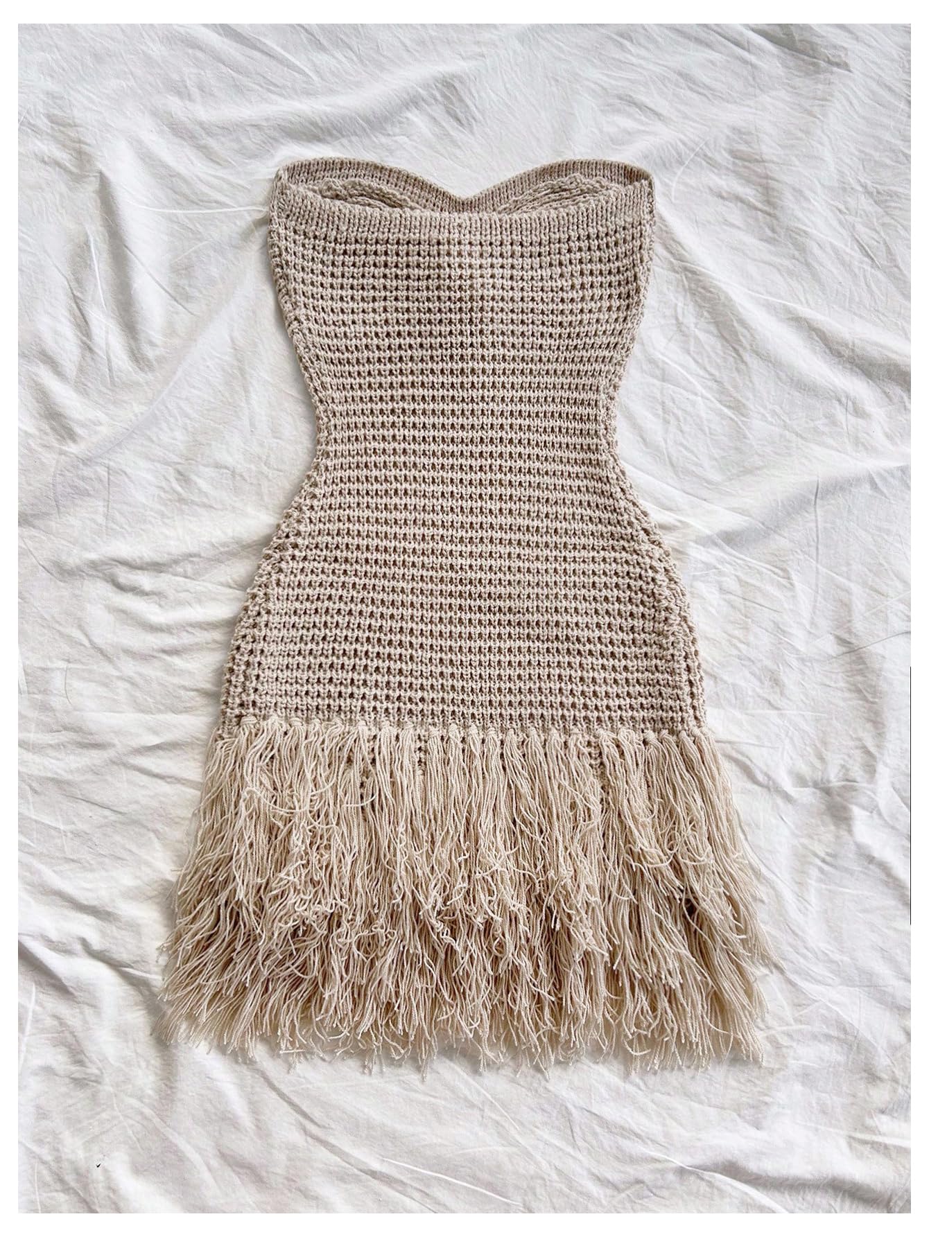 SweatyRocks Women's Boho Summer Vacation Strapless Crochet FringeTube Top Mini Dress Apricot Small