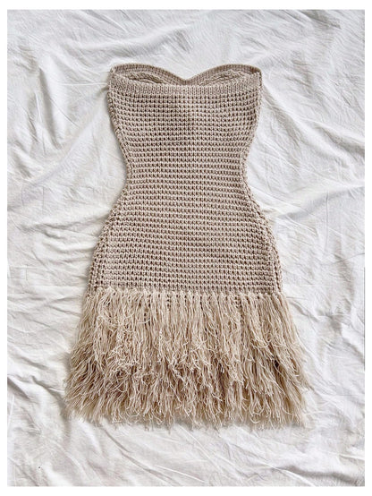 SweatyRocks Women's Boho Summer Vacation Strapless Crochet FringeTube Top Mini Dress Apricot Small