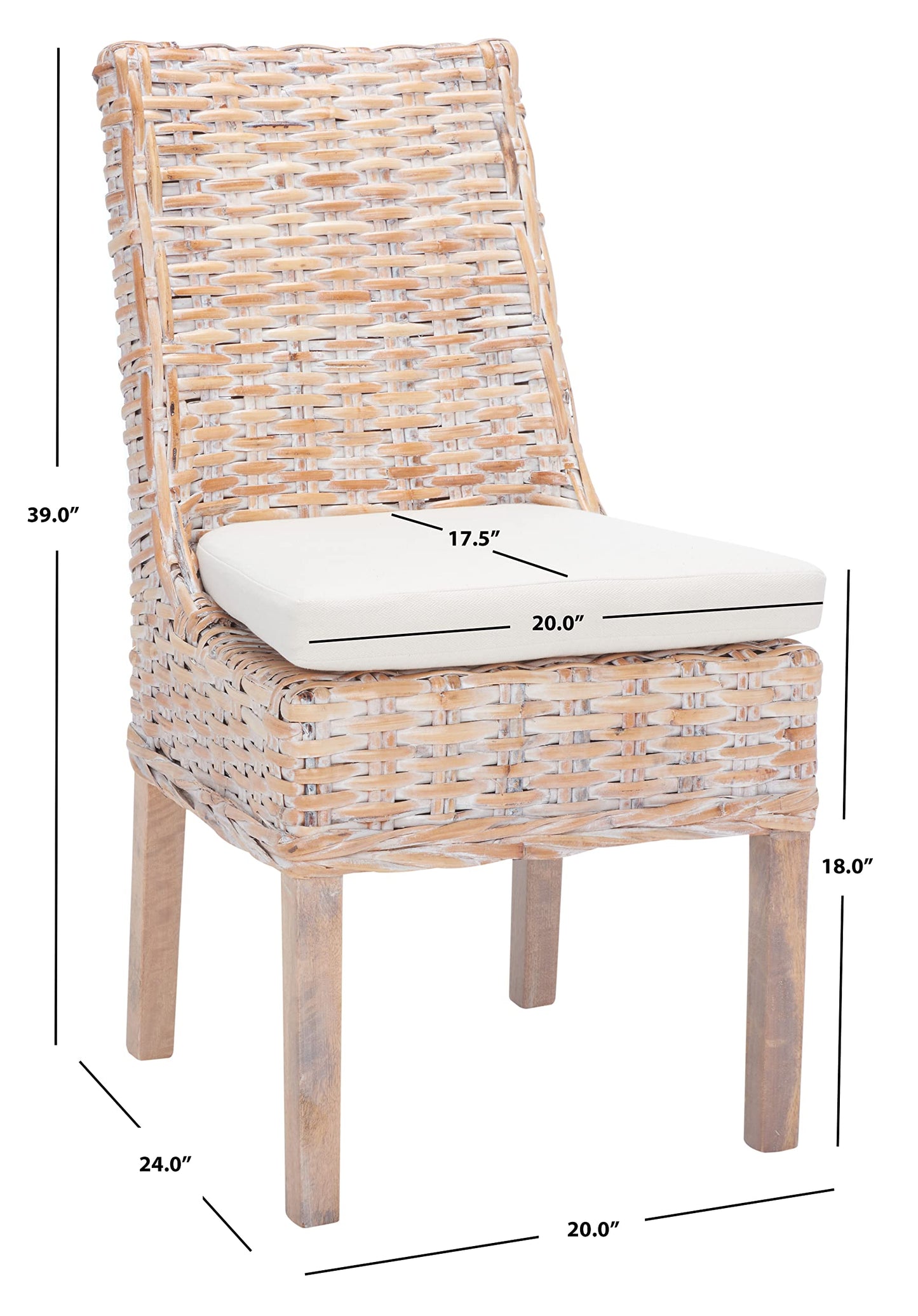 SAFAVIEH Home Collection – Suncoast Set of 2 Natural White Wash Rattan Arm Chairs with Cushions, Coastal Style Seating, Fully Assembled (FOX6540A-SET2)