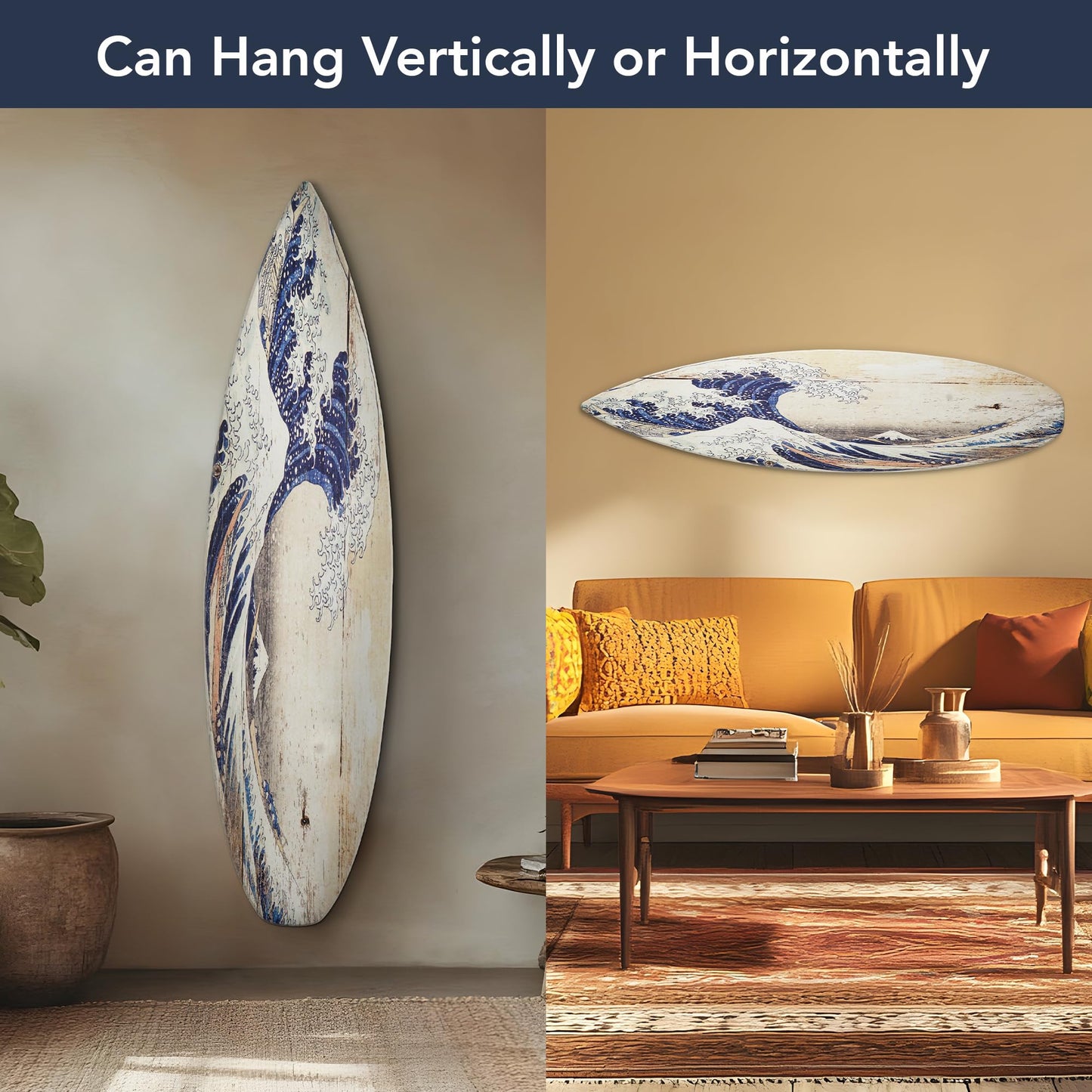 American Art Decor Surfboard Plaque Wall Sign - Beach House Wall Art - Large Tropical/Coastal Home Decor for Living Room, Bedroom, Bathroom, Patio, or Bar (The Great Wave off Kanagawa Wood, 60"x15")