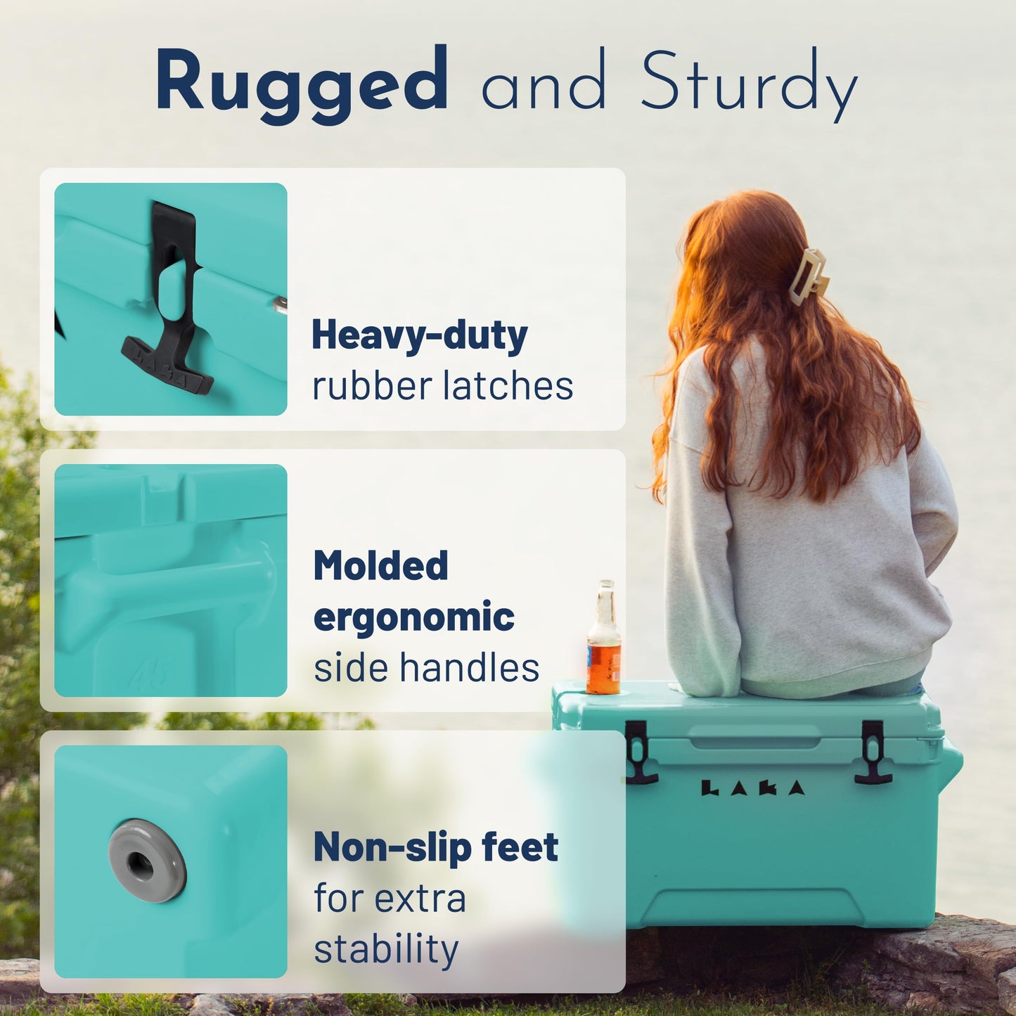 Laka Cooler – 45 Quart Rotomolded Hard Cooler, Insulated Ice Chest Holds 36 Cans/45lb Ice, Up to 10 Days Cold, Drain Plug + Basket, Non-Slip Feet, Beach Boat Camping Tailgate - Seafoam