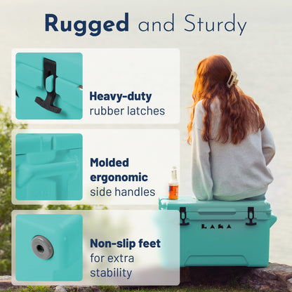 Laka Cooler – 45 Quart Rotomolded Hard Cooler, Insulated Ice Chest Holds 36 Cans/45lb Ice, Up to 10 Days Cold, Drain Plug + Basket, Non-Slip Feet, Beach Boat Camping Tailgate - Seafoam