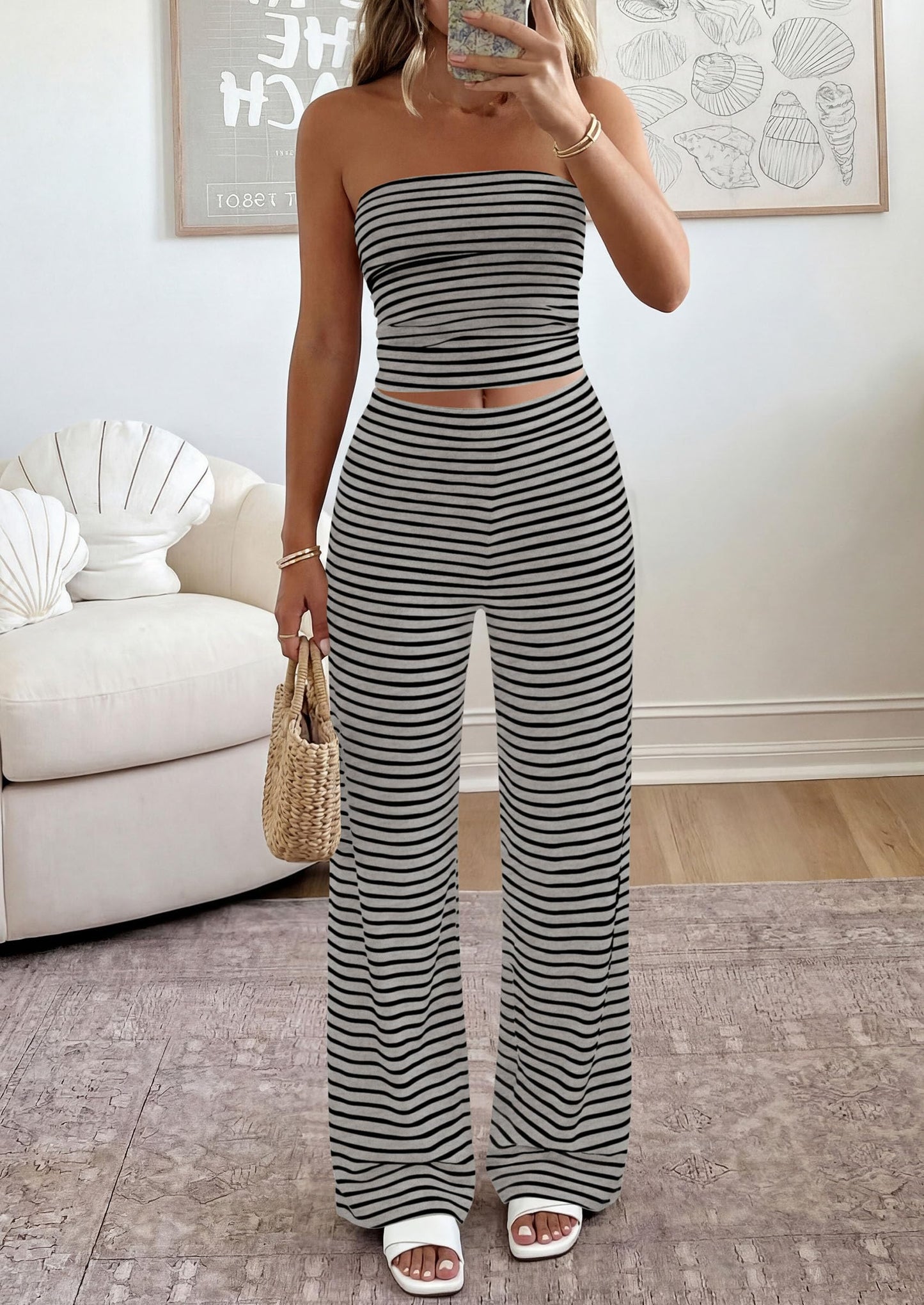 PRETTYGARDEN Two Piece Striped Sets for Women Summer Travel Outfits 2026 Spring Y2K Going Out Vacation Clothes Loungewear (Grey Black,Small)