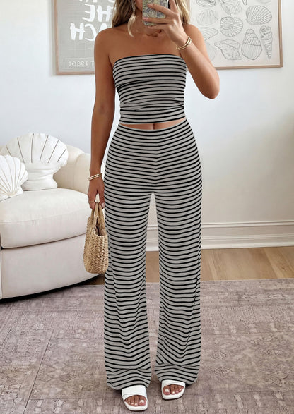 PRETTYGARDEN Two Piece Striped Sets for Women Summer Travel Outfits 2026 Spring Y2K Going Out Vacation Clothes Loungewear (Grey Black,Small)