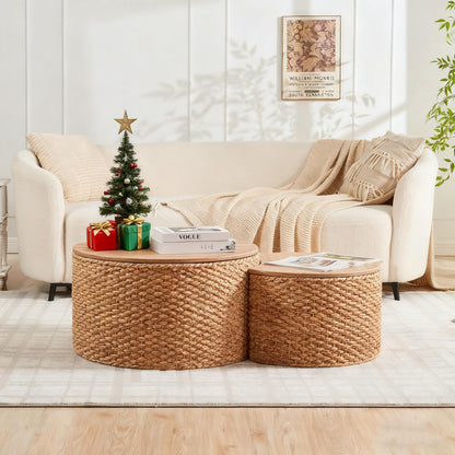 Giofanzo Round Nesting Coffee Table Set of 2 with Storage - Handwoven Wicker Rattan Ottoman Style, Boho Coastal Coffee Tables for Living Room, Rattan Coffee Table with Cover & Soild Wood Frame