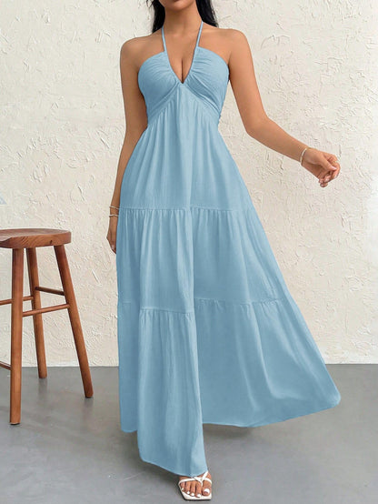 Narecte Women's Maxi Summer Dresses Halter V Neck Beach Dresses for Women A-Line Casual Dress for Vacation Dusty Blue M