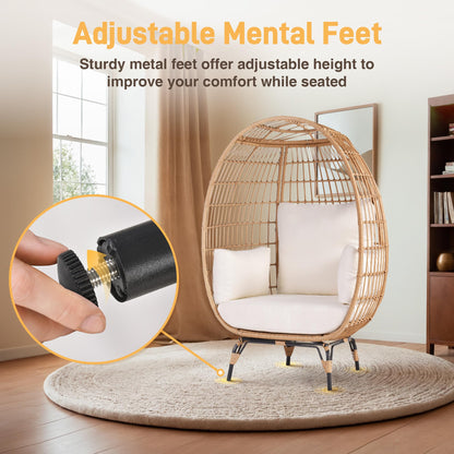 Outdoor Egg Chair, PE Wicker Chair 440 lbs Capacity, Patio Chairs with 4 Thicken Cushions, Oversized Lounge Chairs with Durable Steel Frame Perfect for Balcony, Backyard, Bedroom-Ivory