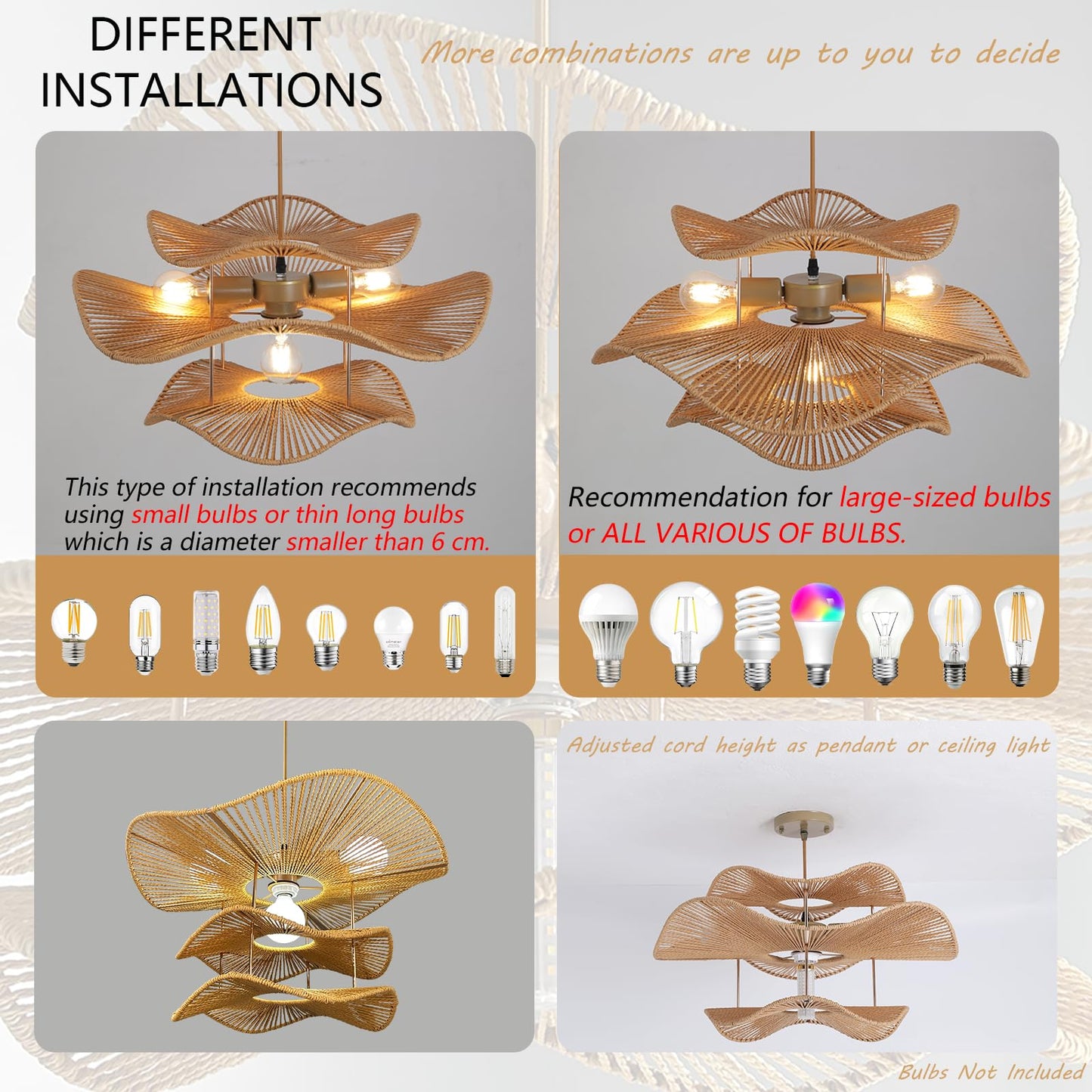 WHITECYGNET 24in Farmhouse Rattan Chandeliers Dining Room 3-Tier Large Wicker Chandelier Living Room Boho Light Fixture Rattan Pendant Lights Kitchen Island Woven Hanging Lighting for Bedroom