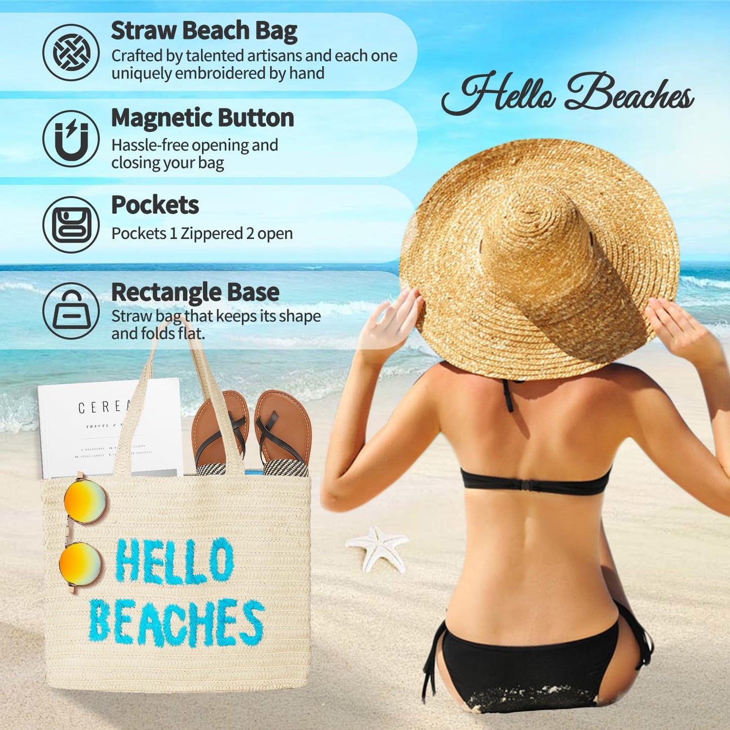 Hello Beaches: beach bags for women vacation. A packable straw bag that folds flat. A large tote bag are beach essentials. Use as a travel beach bag. Take this Beach Tote Bag on Vacation