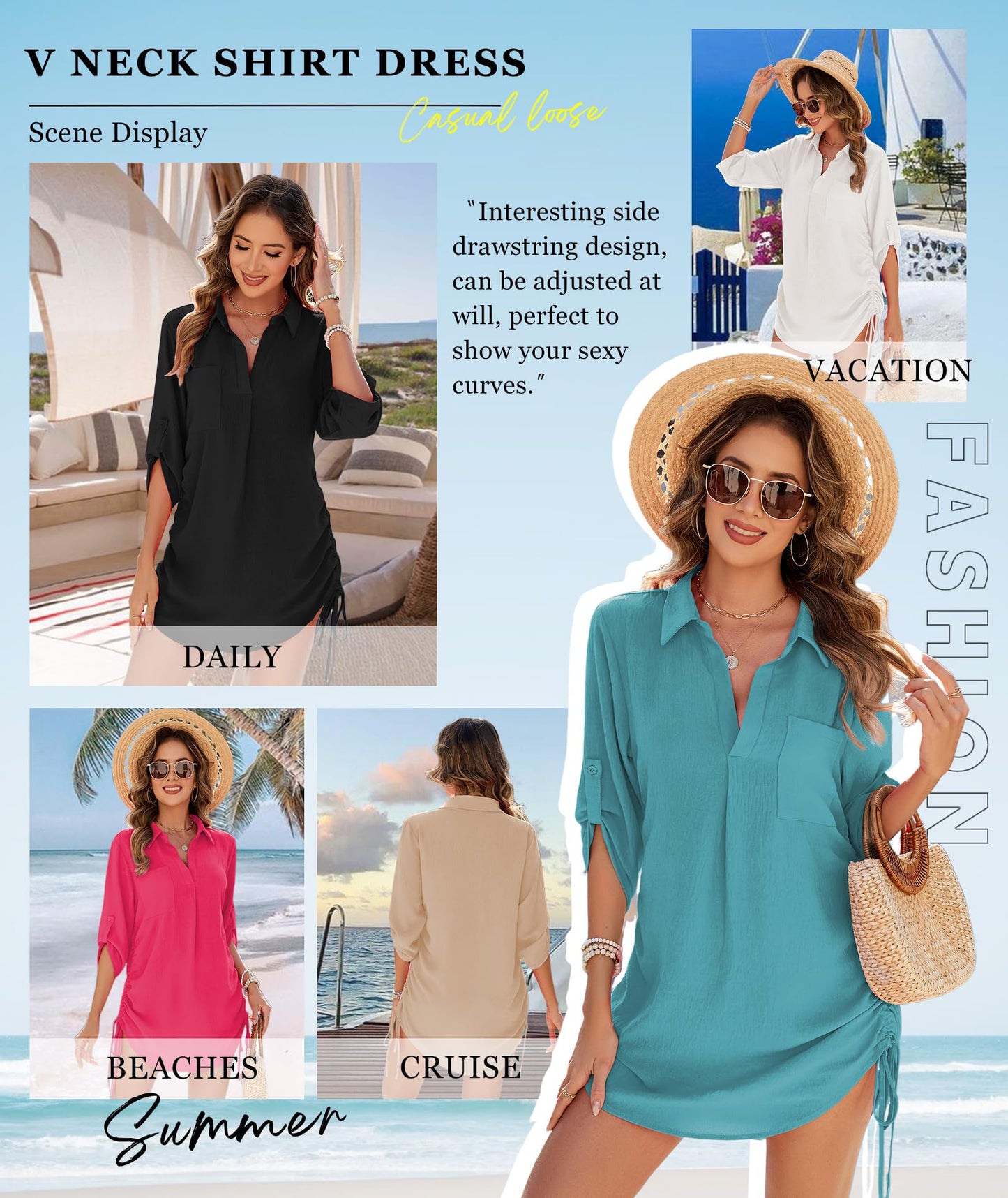 Urchics Swimsuit Coverup for Women 2025 Drawstring V Neck Bikini Swimwear Beach Cover Up Beach Shirt Dress Aqua Blue 2XL