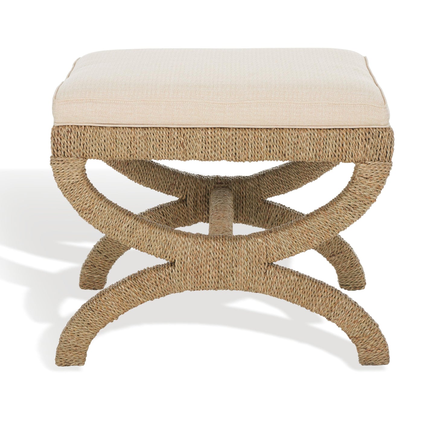 SAFAVIEH Couture Collection Aikan Coastal Natural/Beige Woven Seagrass Solid Wood Ottoman Foot Stool (Fully Assembled)