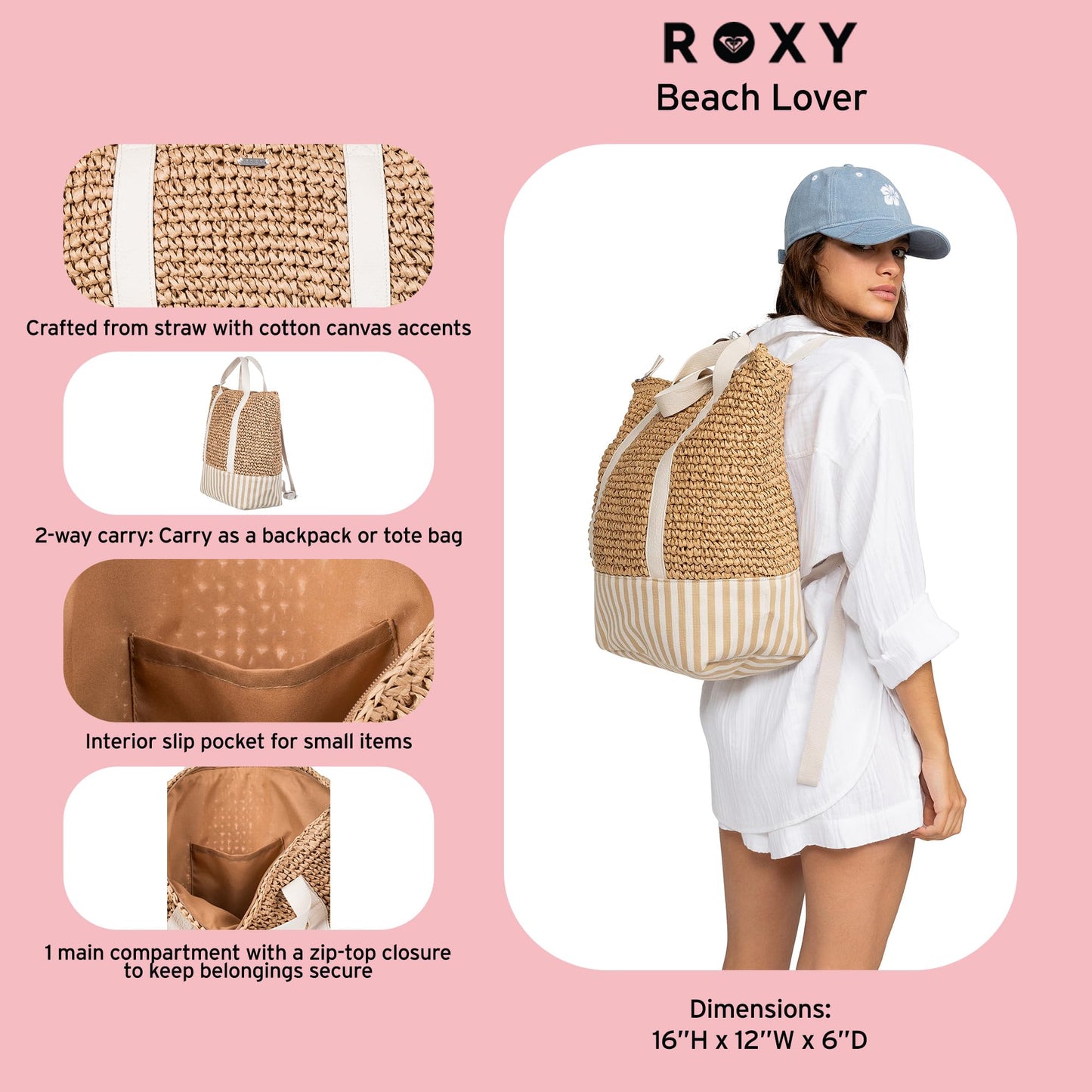 Roxy Women's Beach Tote Bag | Travel | Vacation | Straw | Lightweight | Breathable, Beach Lover - Natural/White