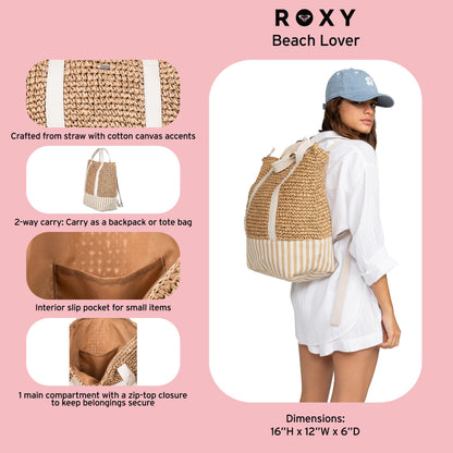 Roxy Women's Beach Tote Bag | Travel | Vacation | Straw | Lightweight | Breathable, Beach Lover - Natural/White