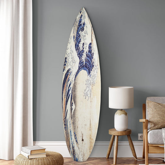 American Art Decor Surfboard Plaque Wall Sign - Beach House Wall Art - Large Tropical/Coastal Home Decor for Living Room, Bedroom, Bathroom, Patio, or Bar (The Great Wave off Kanagawa Wood, 60"x15")