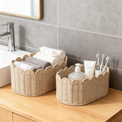 Scalloped Basket, Wicker Storage Baskets, Hand Woven Baskets for Shelves,Natural Baskets for Organizing (Paper rope(Ellipse-16"L x 10"W x 7"H))