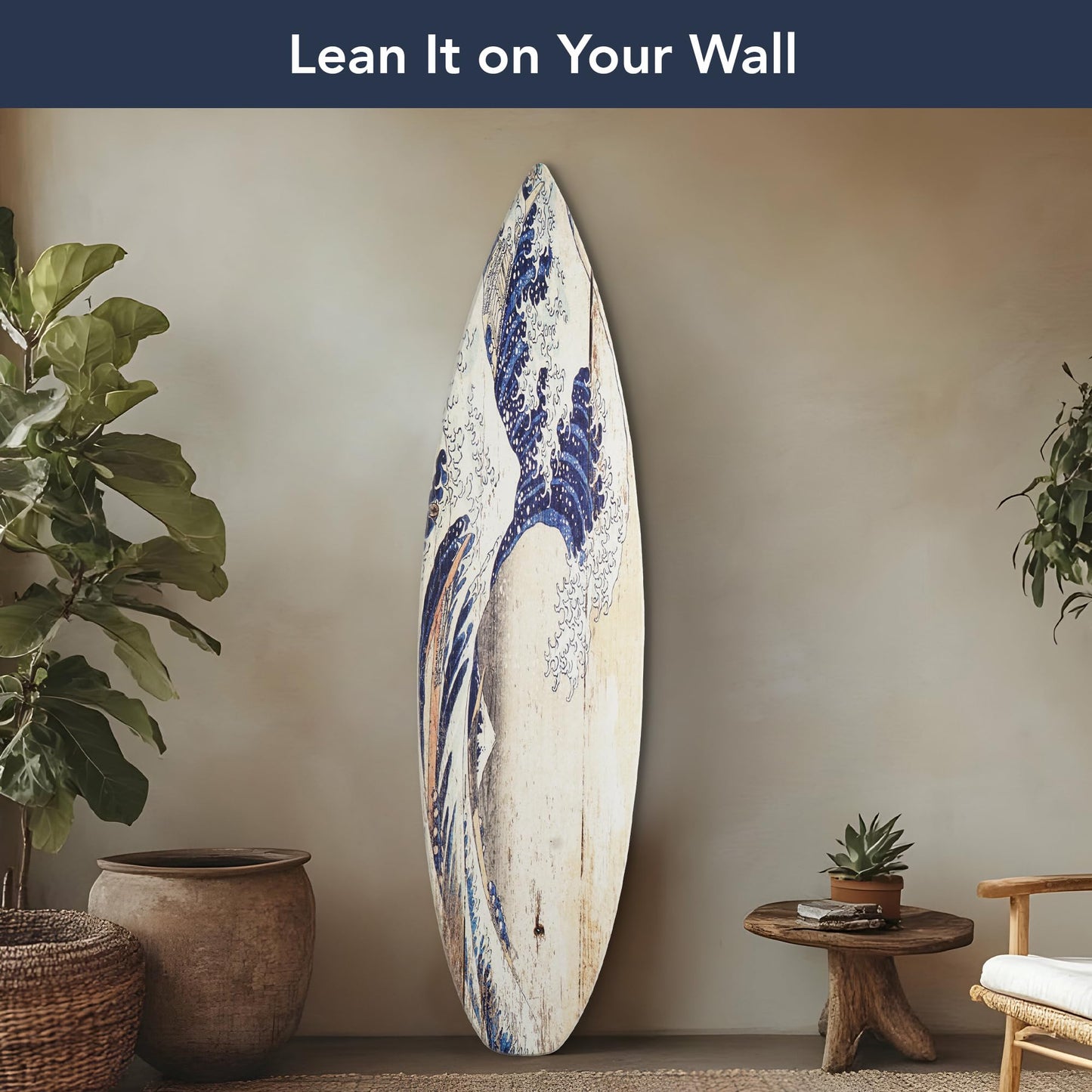 American Art Decor Surfboard Plaque Wall Sign - Beach House Wall Art - Large Tropical/Coastal Home Decor for Living Room, Bedroom, Bathroom, Patio, or Bar (The Great Wave off Kanagawa Wood, 60"x15")