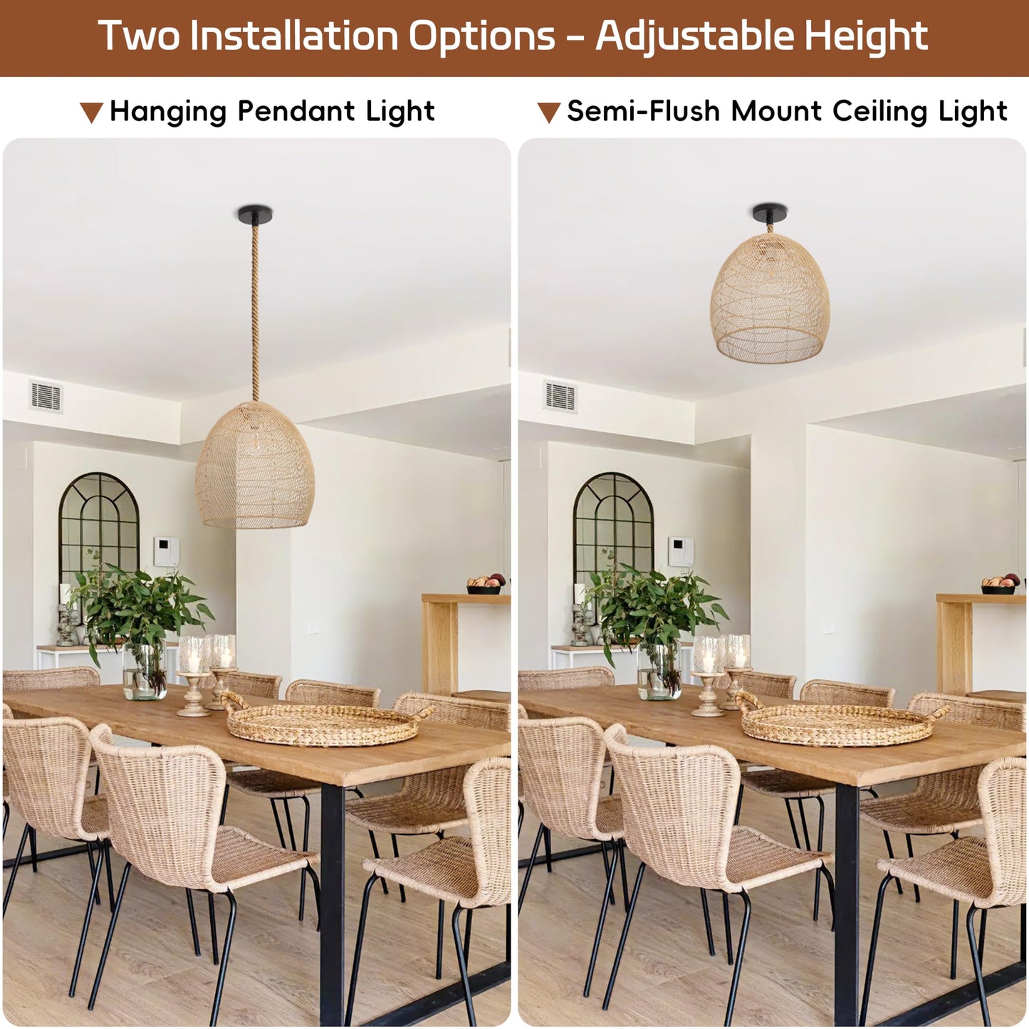 WALMHEIM 17.7" Large Farmhouse Chandeliers for Dining Room, 1-Light Rattan Boho Chandelier Light Fixture Coastal Wicker Hanging Pendant Lighting for Kitchen Island Bedroom Living Room Nursery
