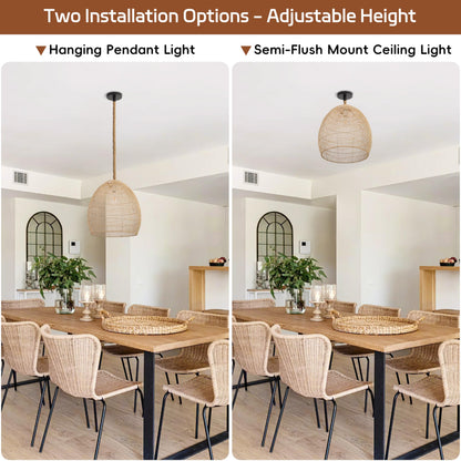 WALMHEIM 17.7" Large Farmhouse Chandeliers for Dining Room, 1-Light Rattan Boho Chandelier Light Fixture Coastal Wicker Hanging Pendant Lighting for Kitchen Island Bedroom Living Room Nursery