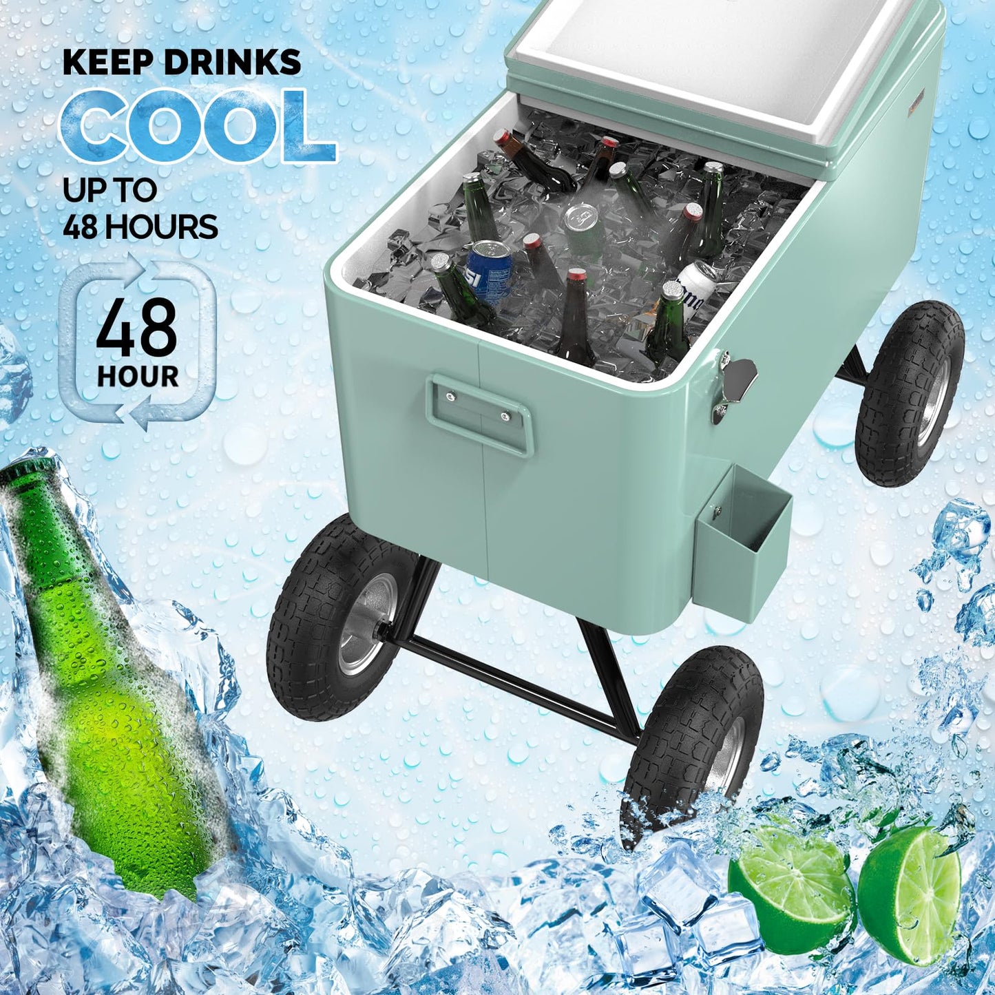 VINGLI 80 Quart Wagon Rolling Cooler Ice Chest, Patio Cooler w/Long Handle and 10" Wheels, Beach Patio Party Bar Cold Drink Beverage Cart