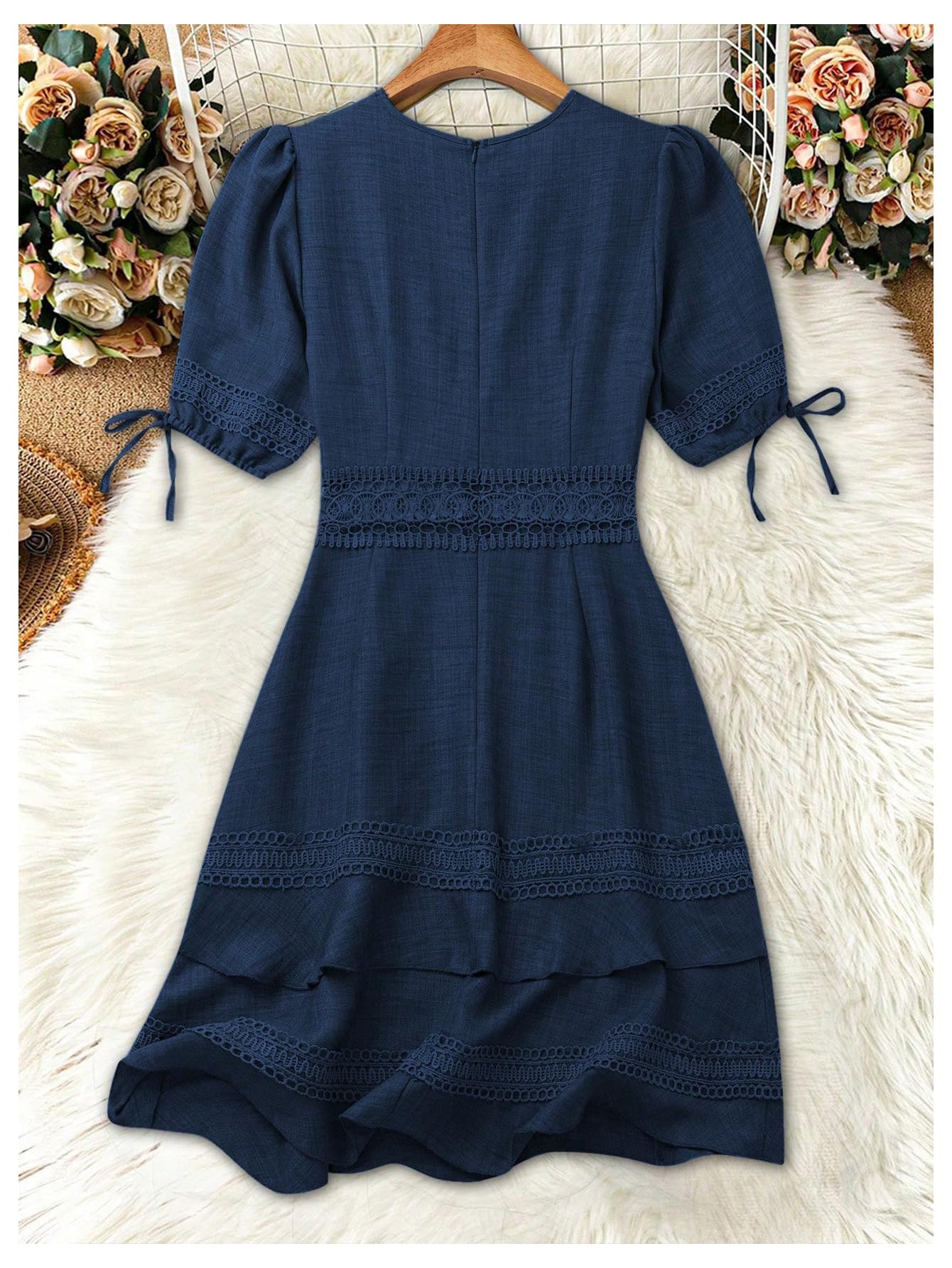 SOLY HUX Women's Summer Dress Hollow Out Lace V Neck Puff Short Sleeve A Line Layered Short Dresses Plain Dark Blue Small