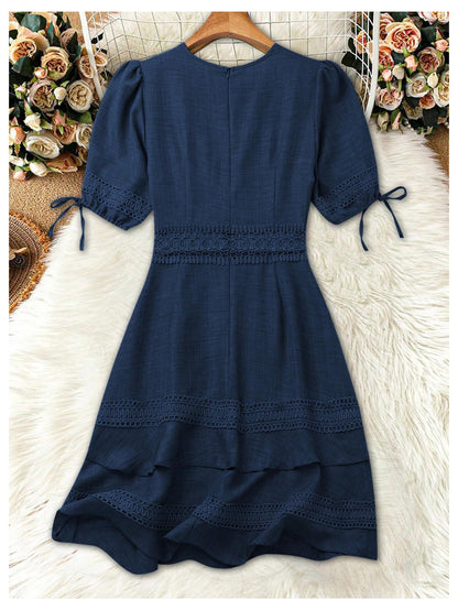 SOLY HUX Women's Summer Dress Hollow Out Lace V Neck Puff Short Sleeve A Line Layered Short Dresses Plain Dark Blue Small