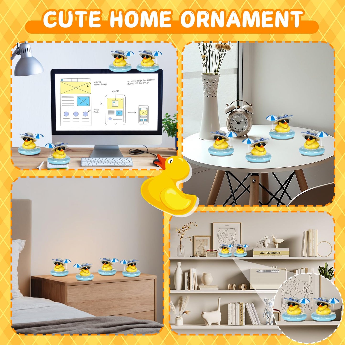 Rubber Duck with Blue Hat, Swimming Ring, Sunglasses, Gold Necklace & Sun Umbrella - Cute Car Decor for Jeep, Summer Beach Party, Home Desk Decoration, DIY Accessories