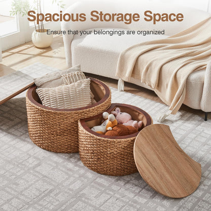 Giofanzo Round Nesting Coffee Table Set of 2 with Storage - Handwoven Wicker Rattan Ottoman Style, Boho Coastal Coffee Tables for Living Room, Rattan Coffee Table with Cover & Soild Wood Frame