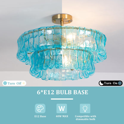 Maxax 20" Coastal Blue Glass Chandelier, Modern 6-Light Round Drum Ceiling Light Fixture, Electroplated Copper E12 Base, for Entryway, Living Room, Bedroom, Kitchen, Dining Room
