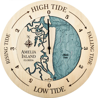 Sea & Soul Amelia Island Tide Clock, 3D Water Depth Tidal Clock, Nautical Map High Tide Clock, Fisherman Gift, Coastal Décor, Nautical Décor (Birch/Blue Green)