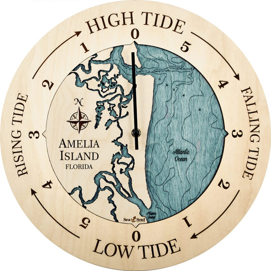 Sea & Soul Amelia Island Tide Clock, 3D Water Depth Tidal Clock, Nautical Map High Tide Clock, Fisherman Gift, Coastal Décor, Nautical Décor (Birch/Blue Green)