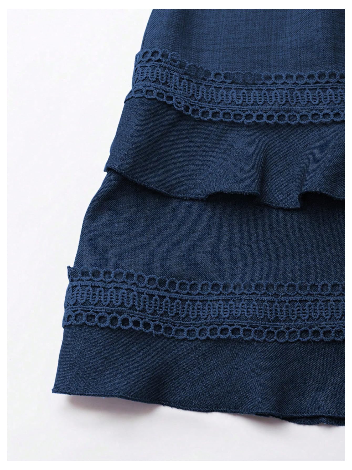 SOLY HUX Women's Summer Dress Hollow Out Lace V Neck Puff Short Sleeve A Line Layered Short Dresses Plain Dark Blue Small