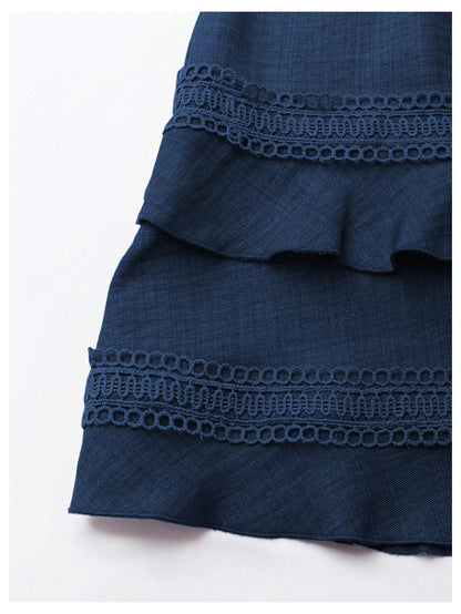 SOLY HUX Women's Summer Dress Hollow Out Lace V Neck Puff Short Sleeve A Line Layered Short Dresses Plain Dark Blue Small