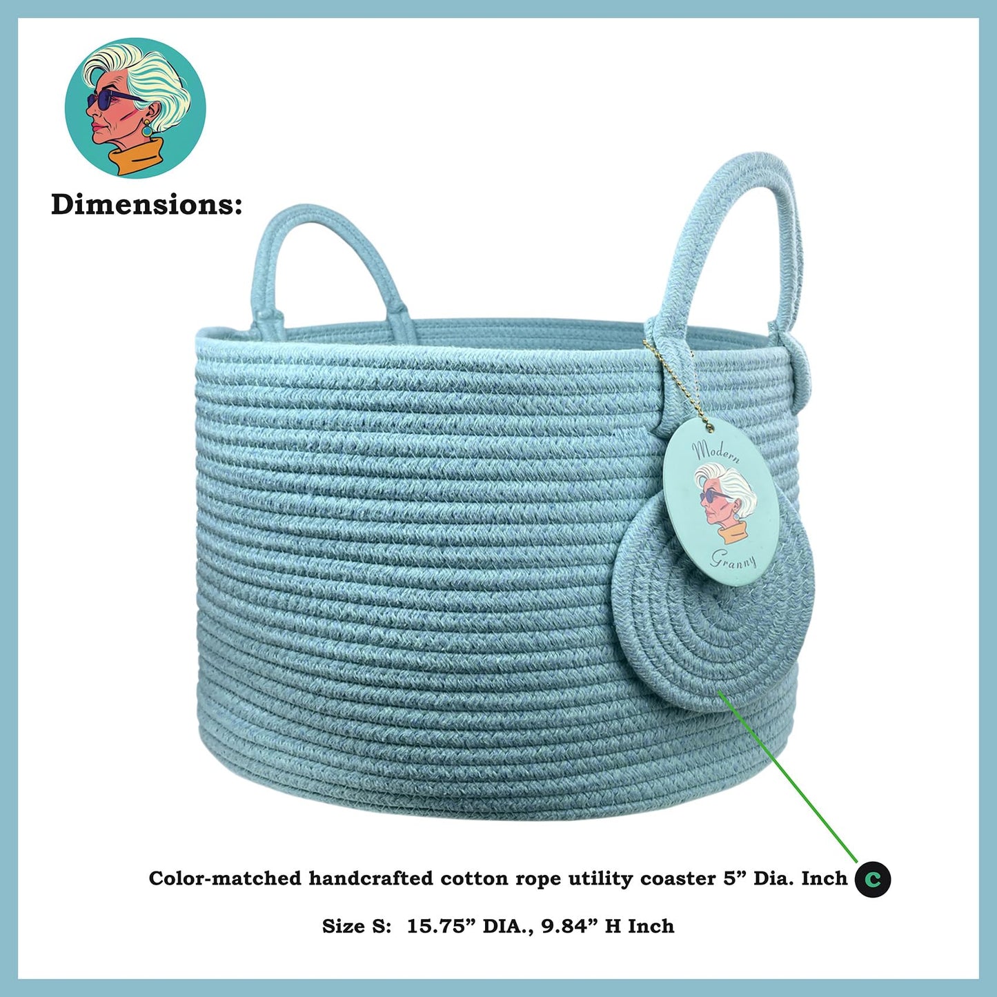 Modern Granny Small Cotton Rope Laundry Basket 16x10 Inch Dual Secure Woven Handle for Living Room Closet Clothes Blanket Organization