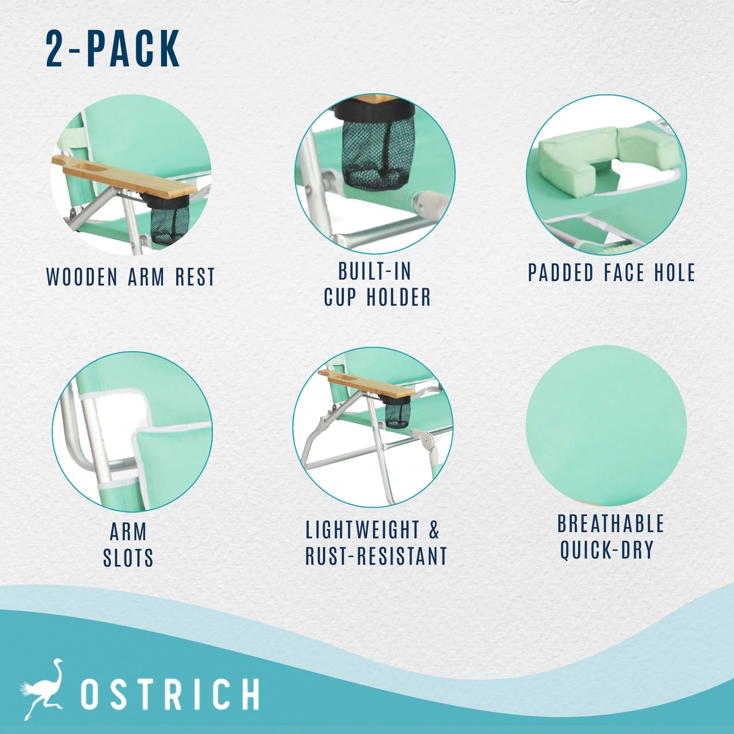 Ostrich Deluxe Padded 3-N-1 Lightweight Portable Adjustable Outdoor Folding Chair for Lawn Beach Lake Camping Lounge with Footrest, Teal (2 Pack)