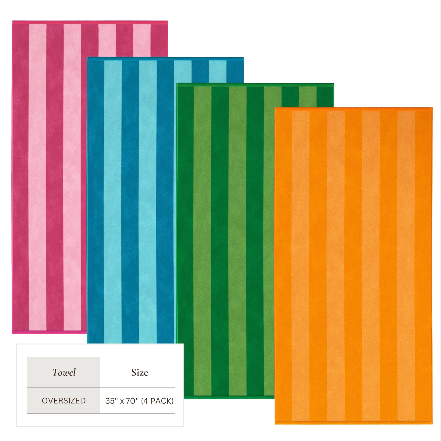 Great Bay Home 100% Cotton Velour Oversized 4 Pack Beach Towels 35" x 70" - Cabana Pool Towels - Quick Dry, Large Swim Towels for Adults and Kids (Orange, Pink, Blue, Green).