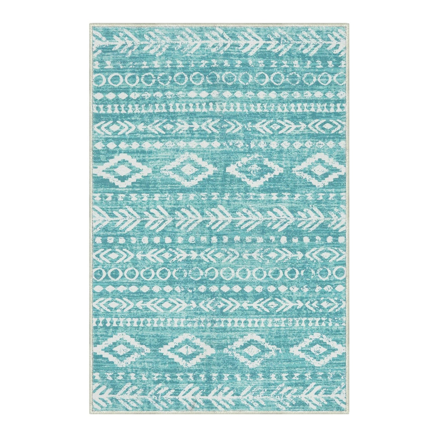 Lahome 2x3 Rustic Geometric Teal/White Area Rug, Machine Washable, Non-Slip Backing, Boho Print Design, Ultra-Thin Soft Indoor Entrance Rug