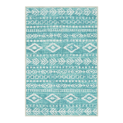 Lahome 2x3 Rustic Geometric Teal/White Area Rug, Machine Washable, Non-Slip Backing, Boho Print Design, Ultra-Thin Soft Indoor Entrance Rug