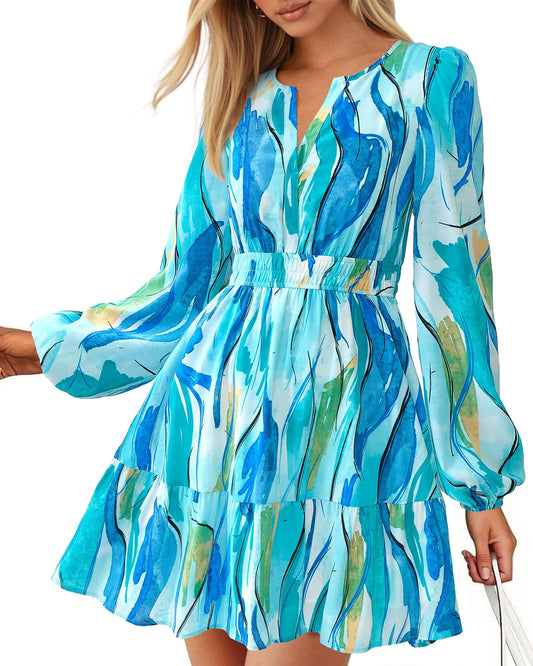 BTFBM Long Sleeve Dress for Women 2026 Spring Summer Mini Elastic Waist Floral Boho Beach Vacation Wedding Guest Dresses(Floral Blue Green, XX-Large)