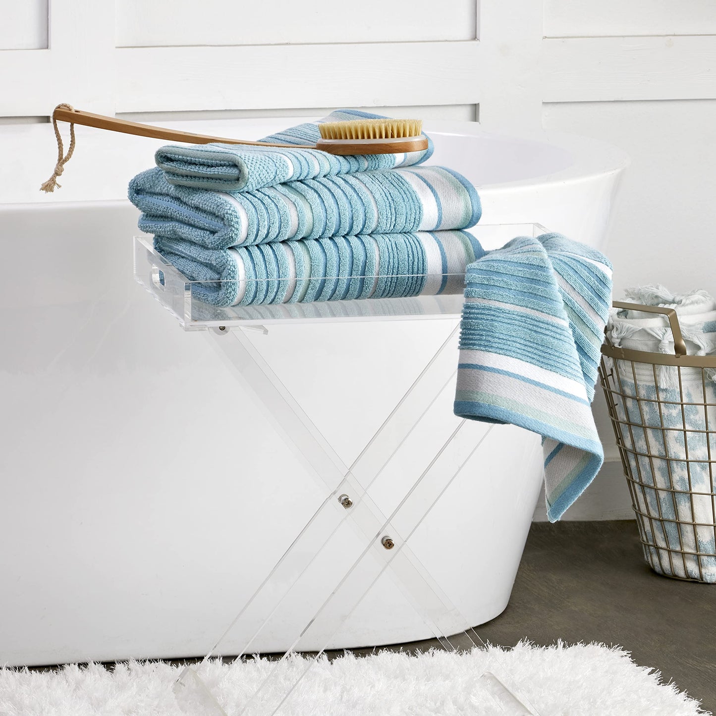 SKL Home Seabrook Stripe 100% Cotton Premium Bath Towel, 550 GSM, Soft & Absorbent Jacquard, Teal
