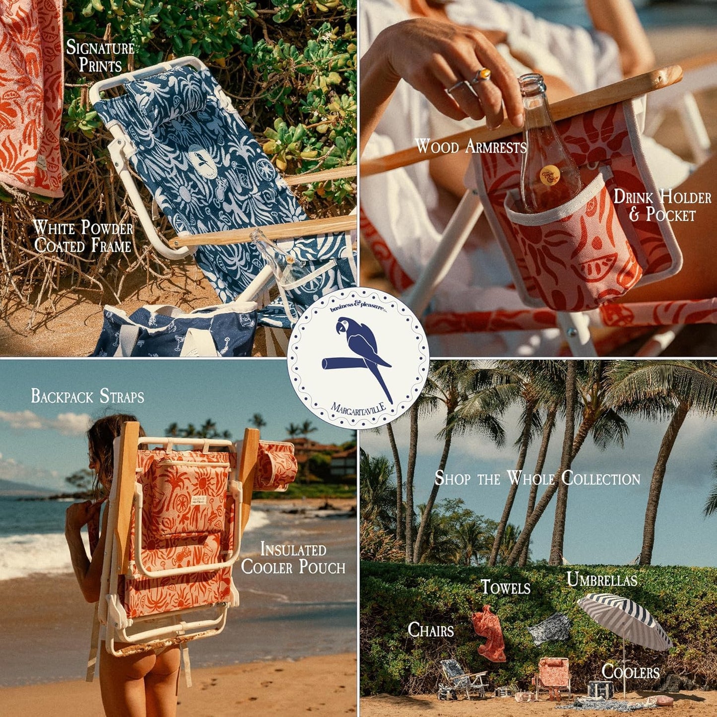 Business & Pleasure Co. Margaritaville Manana Backpack Beach Chair Lay Flat Reclining, Lightweight & Portable, Insulated Cooler Pocket, Last Mango Green Stripe