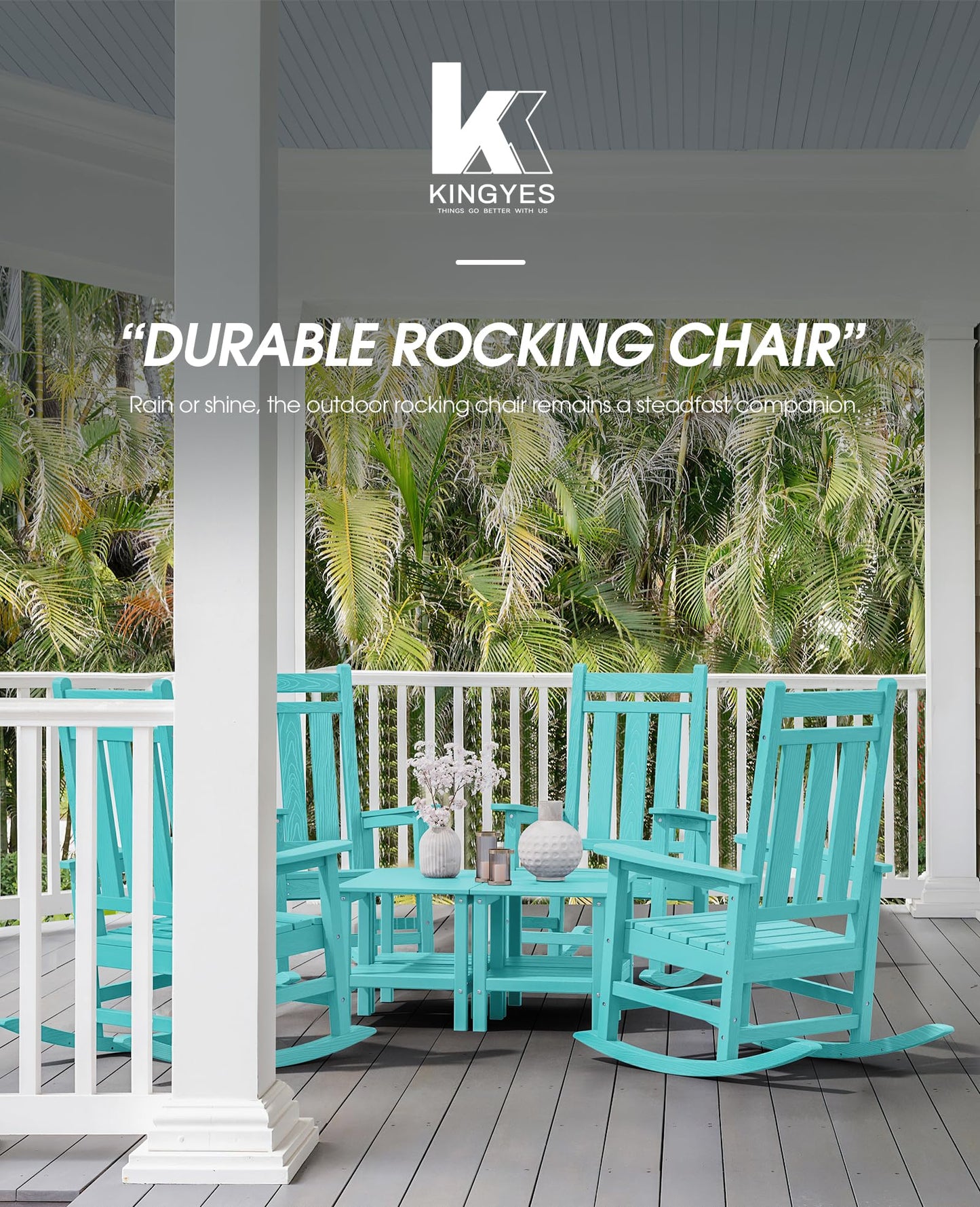KINGYES Outdoor Rocking Chair Set of 2, All-Weather Patio Rocking Chairs for Porch, HDPE Rocking Outdoor Chairs with High Back for Adult, Heavy Duty Outdoor Patio Rockers for Garden, Lawn, Aruba