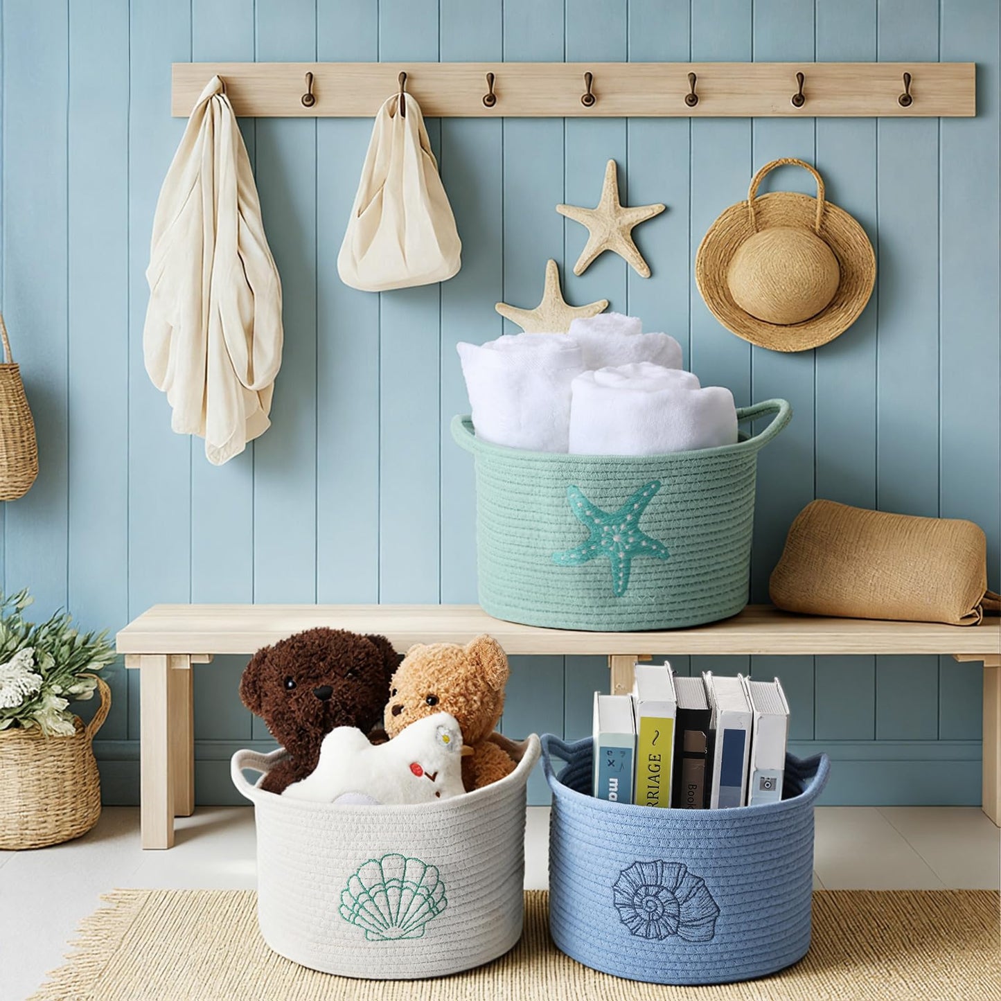Vesici 3 Pcs Coastal Seashell Starfish Woven Baskets Blue White Green Beach Small Cotton Rope Storage Basket 9.7'' x 7.1'' Laundry Organizer with Handles for Toys Clothes Organization Nursery Bedroom