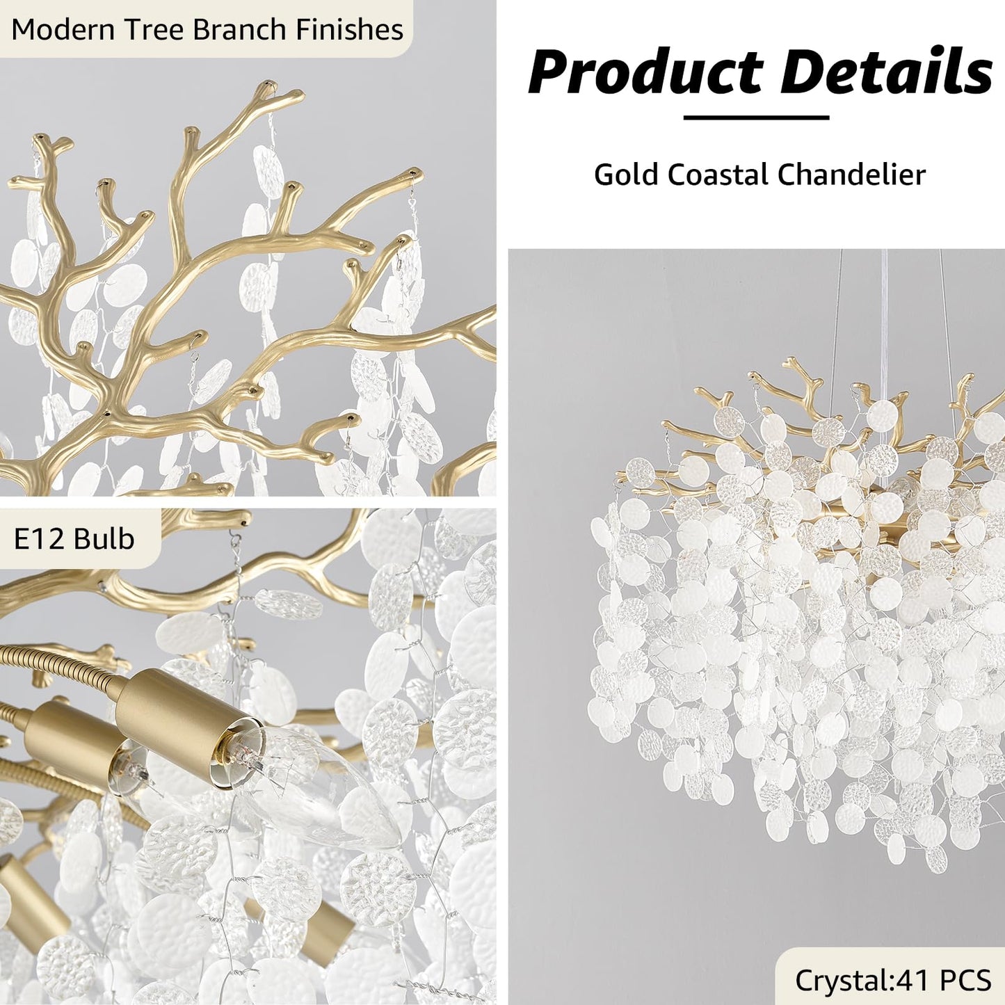 VBKK 18-Inch Coastal Chandelier, 6-Light Gold Tree Branch Chandelier, Modern Foyer Bedroom Chandeliers with Adjustable Height, Round Crystal Pendant Light Fixtures for Entryway Dining Room, E12