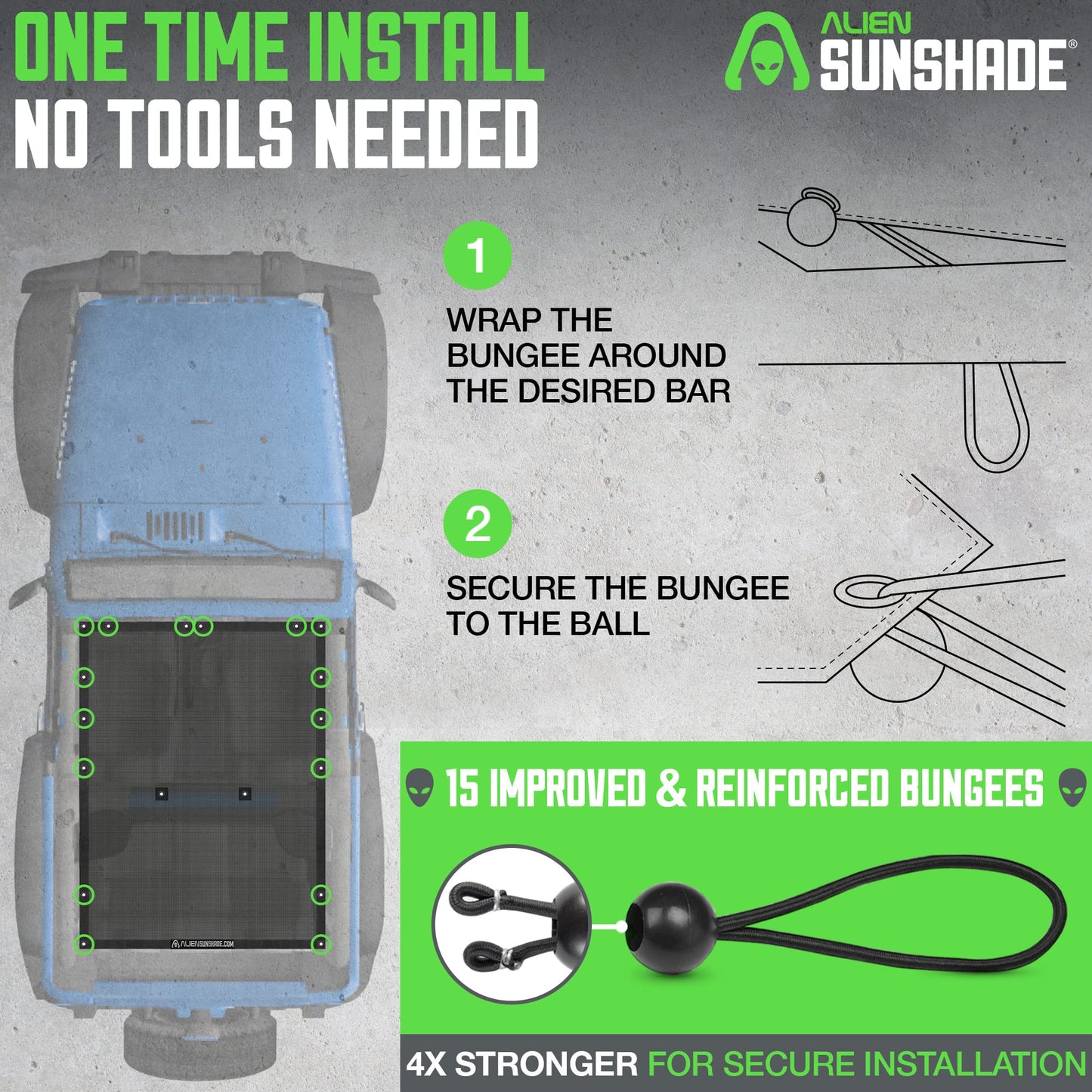 Alien Sunshade Jeep Wrangler JK Black (2007-2018) Full Length Mesh Sun Shade for JK 2 Door - Blocks UV, Jeep Gifts, Wind, Noise - Bikini Jkini Top Cover for Sport, Sport S, Sahara, Rubicon