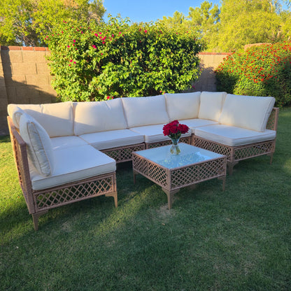 FHFO 7 Piece Patio Furniture Set, Outdoor Wicker Modular Sectional Patio Conversation Set with Thicker Cushion & Tempered Glass Coffee Table for Backyard, Poolside, Porch (Yellow/Beige)