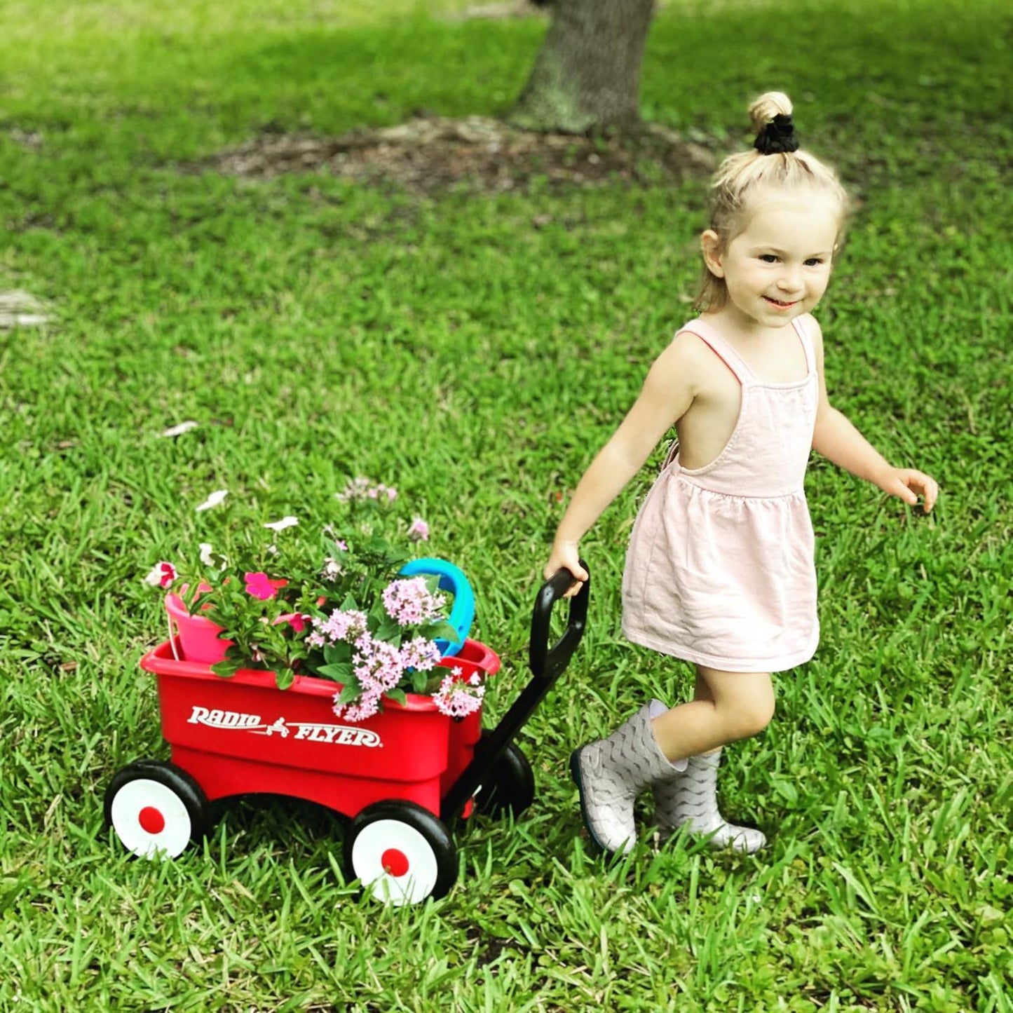 Radio Flyer My 1st Wagon 2-in-1 Walker & Pull Wagon with Beach and Garden Tools for Toddlers Ages 1-4, Red