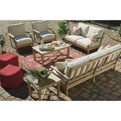 Signature Design by Ashley Clare View Outdoor Patio Sofa, 4 Throw Pillows, Nuvella Weather Resistant Fabric, Eucalyptus Wood, 81" W x 35" D x 32" H, Beige